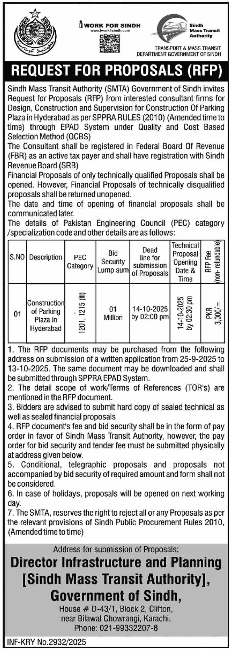 Sindh Mass Transit Authority Hyderabad Tender Notice